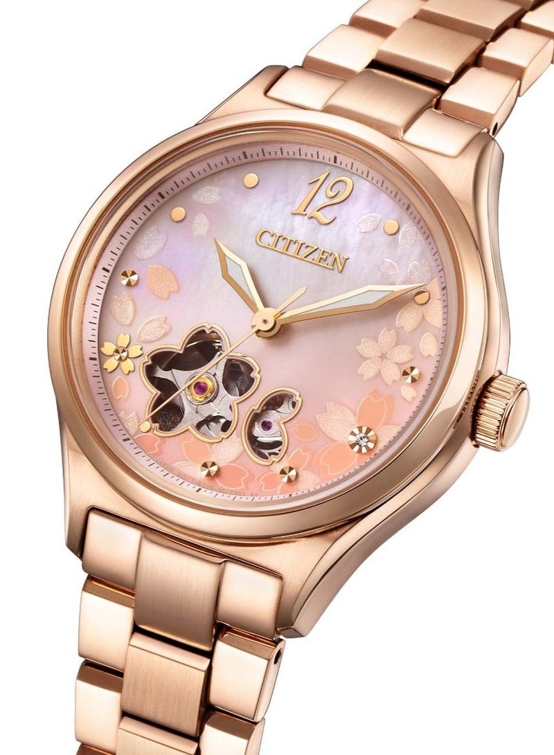 CITIZEN Limited Edition Mechanical Women’s Watch PC1017-88Y, 34mm Open Heart Pink Dial, Gold-Tone Stainless Steel Case & Bracelet, 100 m WR - Image 1